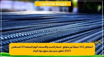 انخفاض 542 جنيهًا غير متوقع.. أسعار الحديد والأسمنت اليوم الجمعة 29 أغسطس 2025 تطور جديد يهز سوق مواد البناء 1